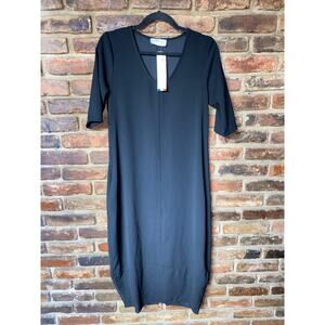NWT Eva Tralala Paris Black Short Sleeve V-Neck Midi Dress Women's Size US 8